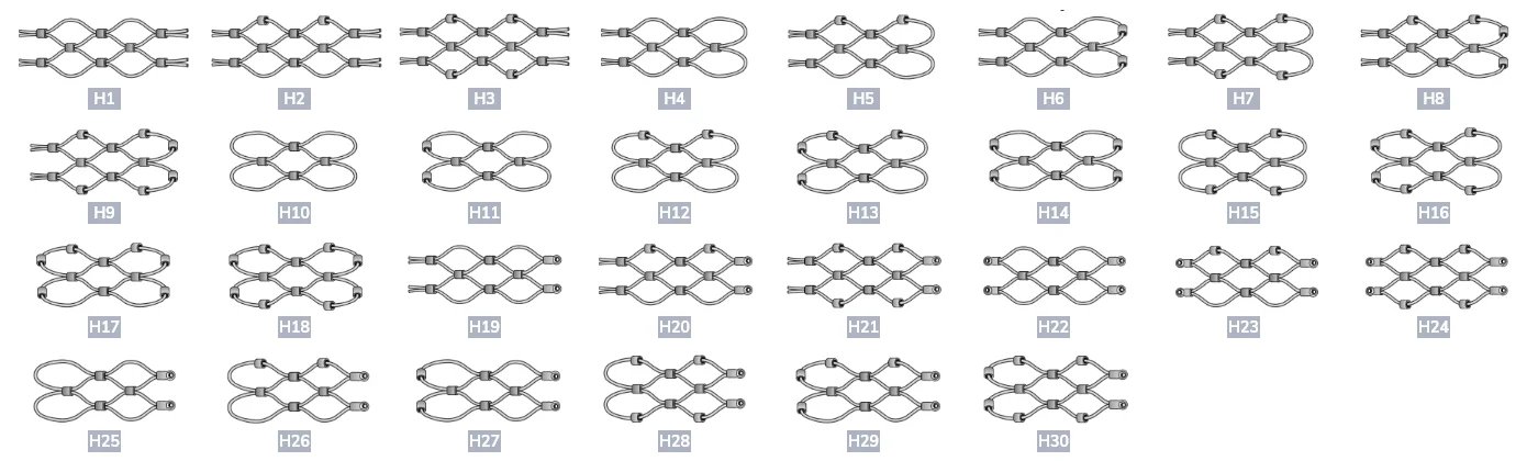 Horizontally installed frameless rope mesh with different structures and accessories